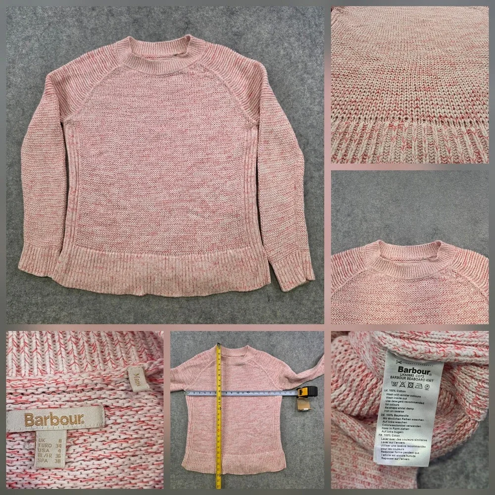 Barbour Seaboard Knit Sweater Womens 4 Pink 100% Cotton Raglan Crewneck Pullover